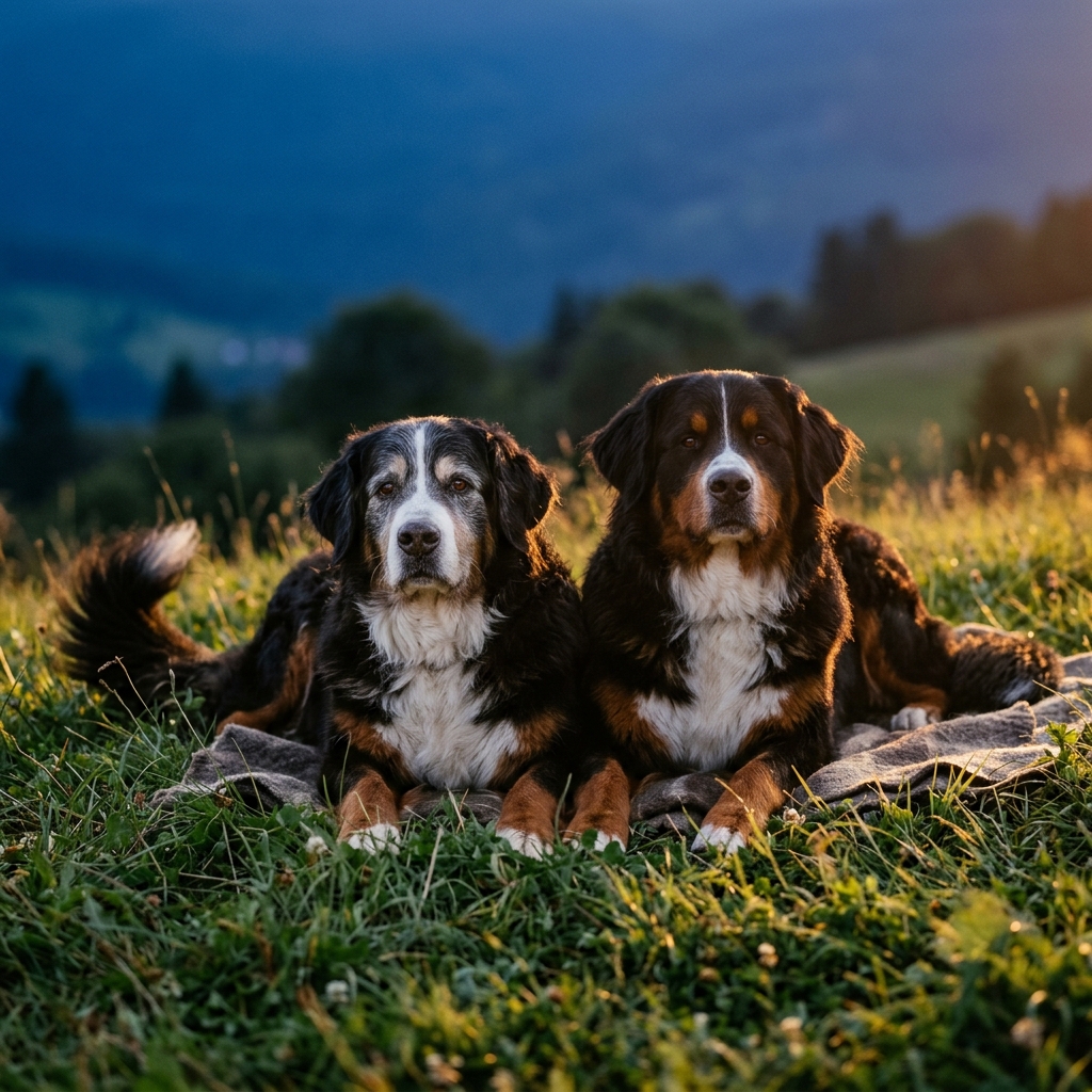 Zwei Berner Sennenhunde liegen nebeneinander im Abendlicht, der linke deutlich ergraut, der rechte jung.